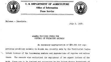 Alaska Provides Funds for Control of Predatory Animals July 2, 1929