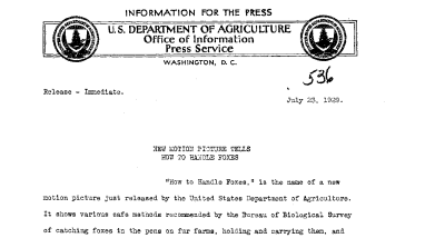 New Motion Picture Tells How to Handle Foxes July 23, 1929