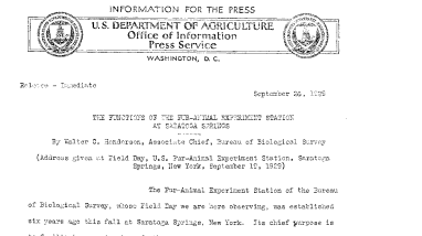 The Function of the Fur-Animal Experiment Station at Saratoga Springs September 26, 1929
