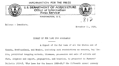 Digest of Fur Laws Now Available November 16, 1929