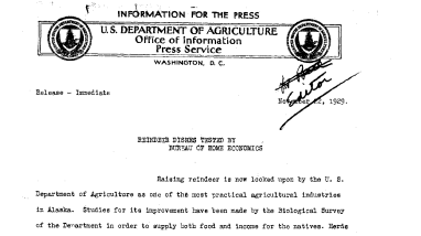 Reindeer Dishes Tested by Bureau of Home Economics November 22, 1929