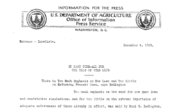No Easy Cure-All for the Ills of Wild Life December 4, 1929