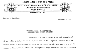 Economic Status of Alligators Reported Upon in New Bulletin February 6, 1930