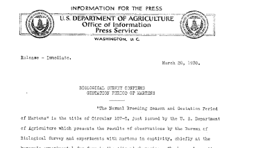 Biological Survey Confirms Gestation Period of Martens March 20, 1930