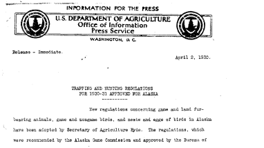 Trapping and Hunting Regulatoions for 1930-31 Approved for Alaska April 2, 1930