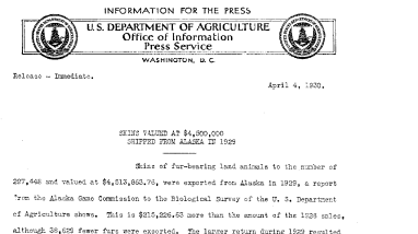 Skins Valued at $4,500,000 Shipped From Alaska in 1929 -April 4, 1930