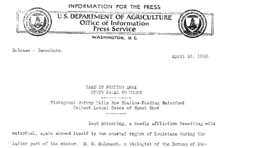 Lead in Feeding Area Often Fatal to Ducks April 10, 1930