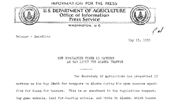 New Regulation Fixes 10 Martens as Bag Limit for Alaska Trapper May 13, 1930