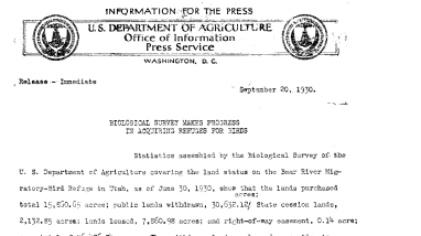 Biological Survey Makes Progress in Acquiring Refuges for Birds September 20, 1930
