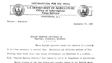 English Sparrows Controlled by Trapping, Poisoning, Shooting September 24, 1930