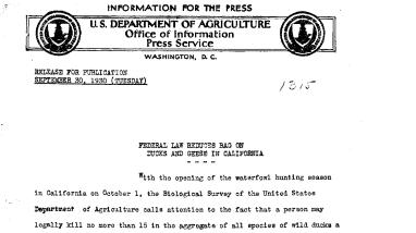 Federal Law Reduces Bag on Ducks and Geese in California September 30, 1930