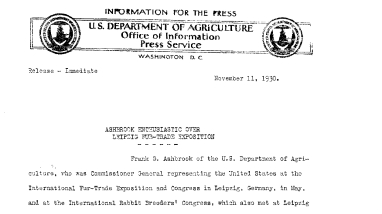 Ashbrook Enthusiastic Over Leipzig Fur-Trade Exposition November 11, 1930