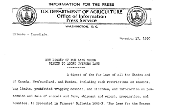 New Digest of Fur Laws Urges States to Adopt Uniform Laws November 17, 1930