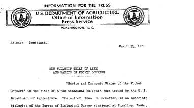 New Bulletin Tells of Life and Habits of Pocket Gophers March 11, 1931