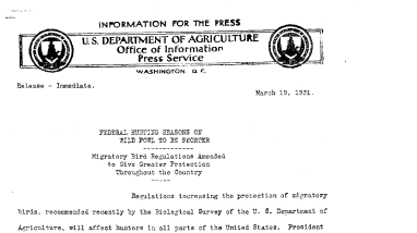 Federal Hunting Seasons on Wild Fowl to Be Shorter March 19, 1931