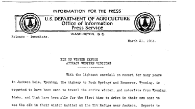 Elk on Winter Refuge Attract Western Visitors March 21, 1931