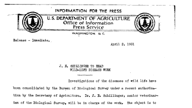 J. E. Shillinger to Head Wild-Life Disease Work April 2, 1931