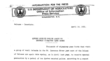 Quebec Mounted Police Again to Protect Migratory Game Birds April 14,1931