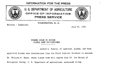 Former Guide to Become Alaska Game Commissioner June 26, 1931