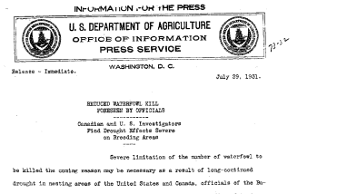 Reduced Waterfowl Kill Foreseen by Officials July 29,1931