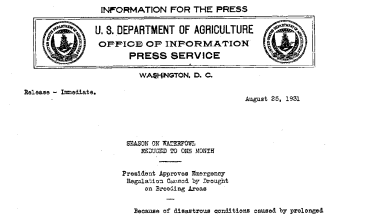 Season on Waterfowl Reduced to One Month August 25,1931 A