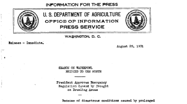 Season on Waterfowl Reduced to One Month August 25,1931 B