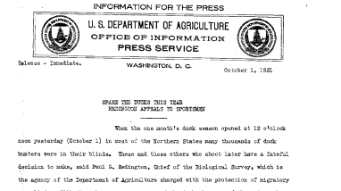 Spare the Ducks This Year Redington Appeals to Sportsmen October 1,1931