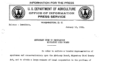 Secretary Hyde to Reorganize Migratory Bird Board January 13, 1932
