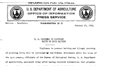 U.S. Officers to Continue Watch on Dove Baiting January 27, 1932