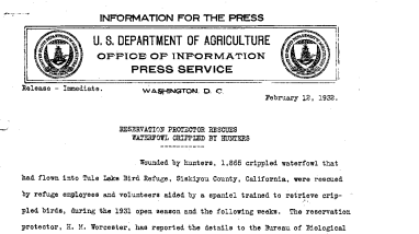 Reservation Protector Rescues Waterfowl Crippled by Hunters February 12, 1932