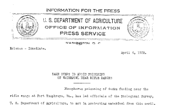 Take Steps to Avoid Poisoning of Waterfowl Near Rifle Ranges April 4, 1932
