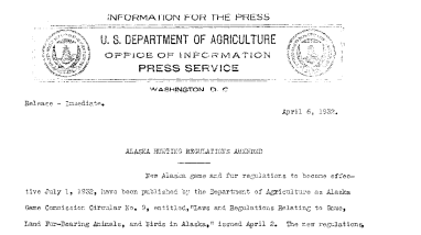 Alaska Hunting Regulations Amended April 6, 1932