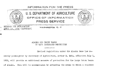 Alaska Big Brown Bears to Have Increased Protection April 16, 1932