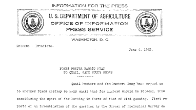 Foxes Prefer Rabbit Meat to Quail, Game Study Shows June 4, 1932
