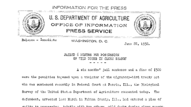 Jailed 6 Months for Possession of Wild Ducks in Close Season June 22, 1932 A