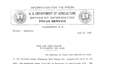 Hyde Adds Three Members to Migratory Bird Board June 22, 1932 B