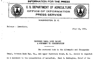 Restored Canal Lock Called A Monument to Conservation July 13, 1932