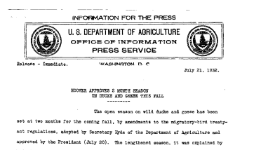 Hoover Approves 2 Month Season on Ducks and Geese This Fall July 21, 1932