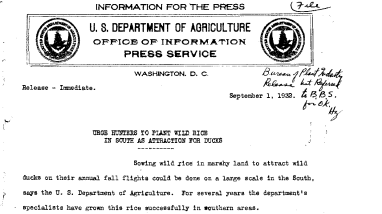 Urges Hunters to Plant Wild Rice in South as Attraction for Ducks September 1, 1932