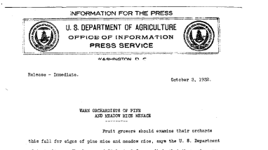 Warn Orchardists of Pine and Meadow Mice Menace October 3, 1932