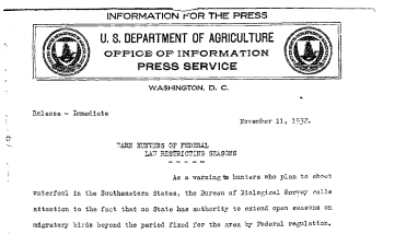 Warn Hunters of Federal Law Restricting Seasons November 11, 1932