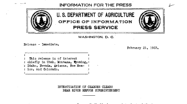 Investigation of Charges Clears Bear River Refuge Superintendent February 21, 1933