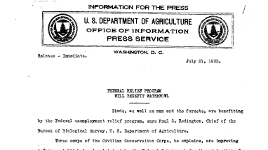 Federal Relief Program Will Benefit Waterfowl July 21, 1933