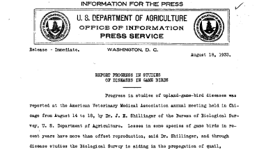 Report Progress in Studies of Diseases in Game Birds August 18. 1933