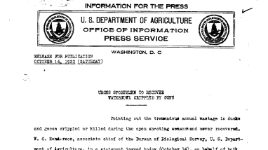 Urges Sportsmen to Recover Waterfowl Crippled by Guns October 14, 1933
