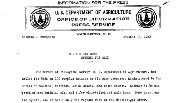 Surplus Big Game Offered for Sale October 17, 1933