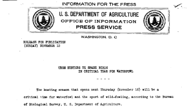 Urges Hunters to Spare Birds in Critical Year for Waterfowl November 12, 1933