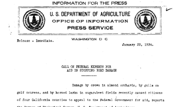Call on Federal Experts for Aid in Stopping Bird Damage January 25, 1934