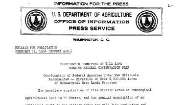 President's Committee on Wild Life Submits Federal Conservation Plan February 11, 1934