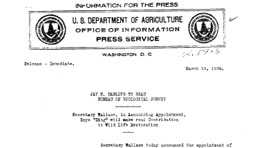 Jay N. "Ding" Darling to Head Bureau of Biological Survey March 10, 1934
